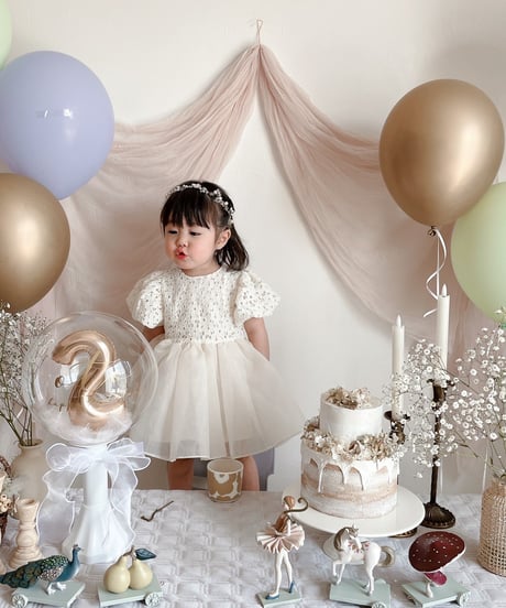 即納hibye  balloon sleeve flower flare dress
