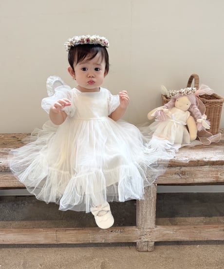 即納monbebe puff sleeve tulle dress