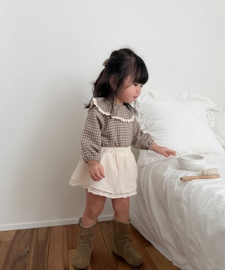 即納 mimi market check Frill blouse