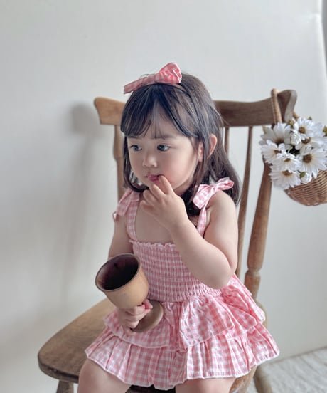 即納 gingham frill rompers