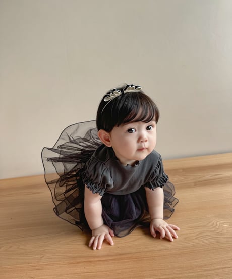 即納 mellow puff sleeve tulle rompers