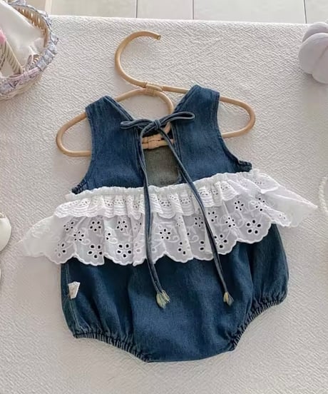 即納denim fril rompers