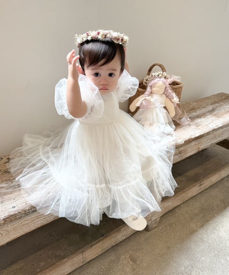 即納monbebe puff sleeve tulle dress