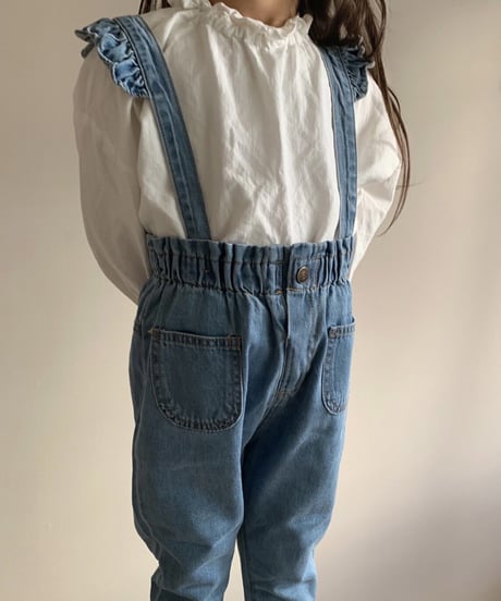 在庫限り70-110cm frill denim salopette