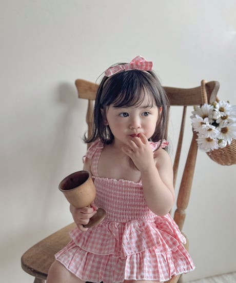 即納 gingham frill rompers