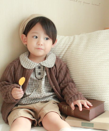 即納baby plaid shirt set up