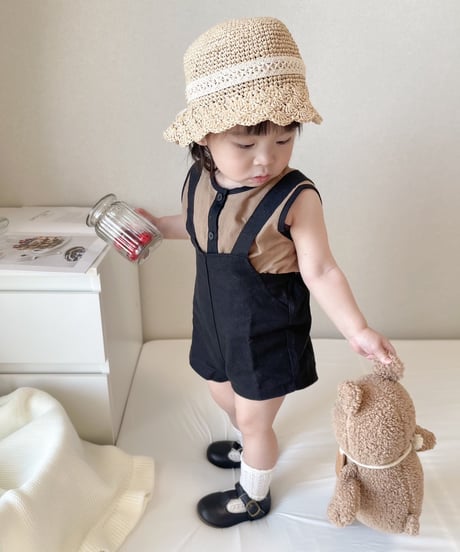 即納 bebe nine Coco linen suspender pants