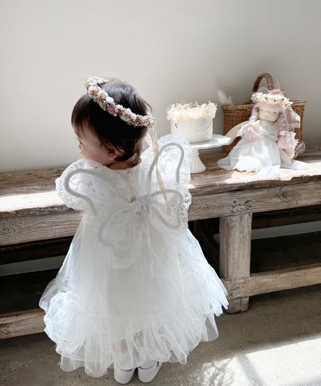 即納monbebe puff sleeve tulle dress