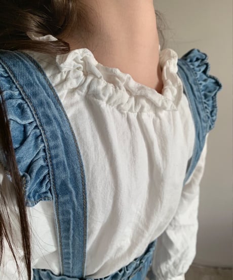 在庫限り70-110cm frill denim salopette