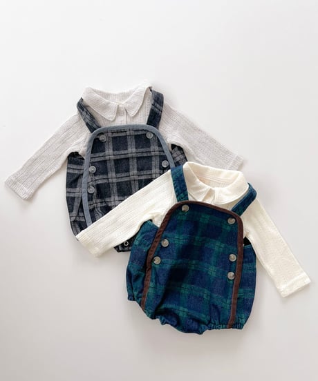 即納bebe holic Blue check suspender suit