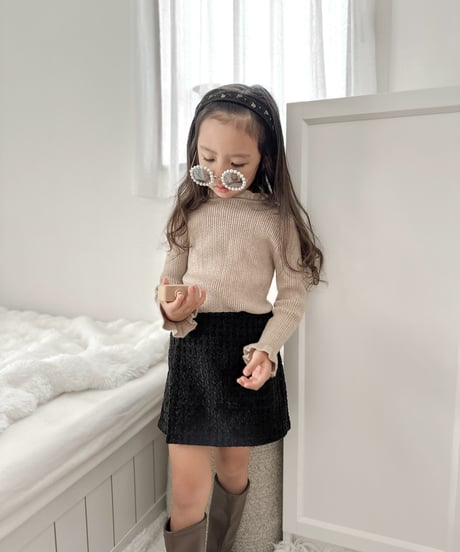即納stand collar fril knit