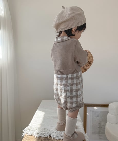 即納 plaid knit rompers