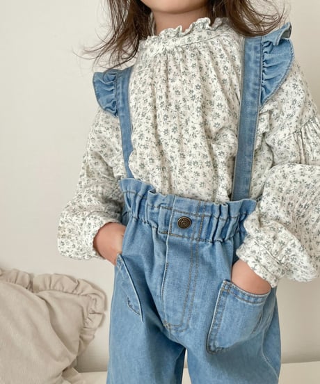 在庫限り70-110cm frill denim salopette