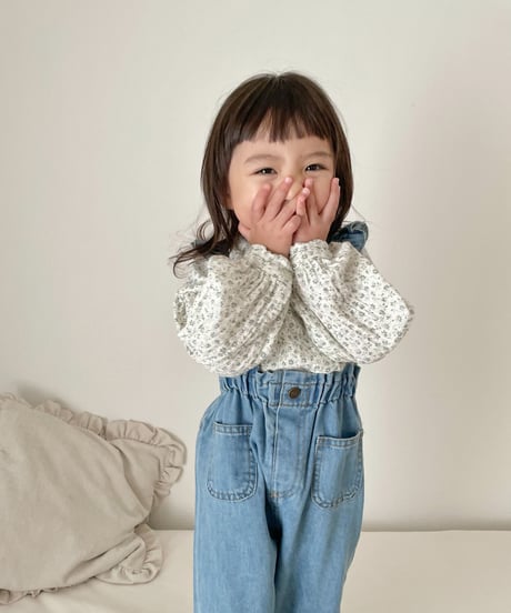 在庫限り70-110cm frill denim salopette