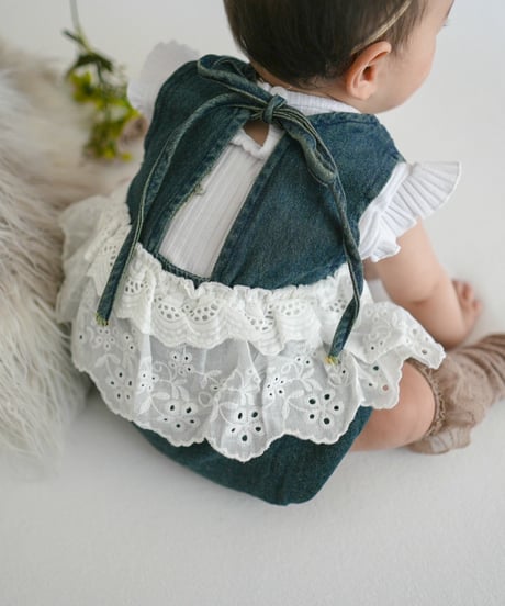 即納denim fril rompers