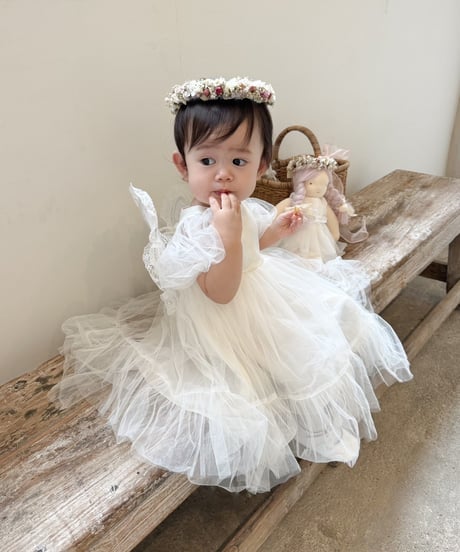 即納monbebe puff sleeve tulle dress