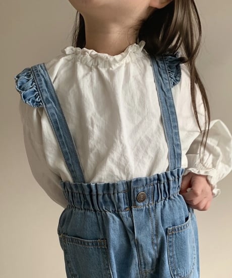 在庫限り70-110cm frill denim salopette