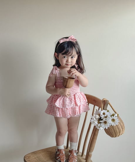 即納 gingham frill rompers