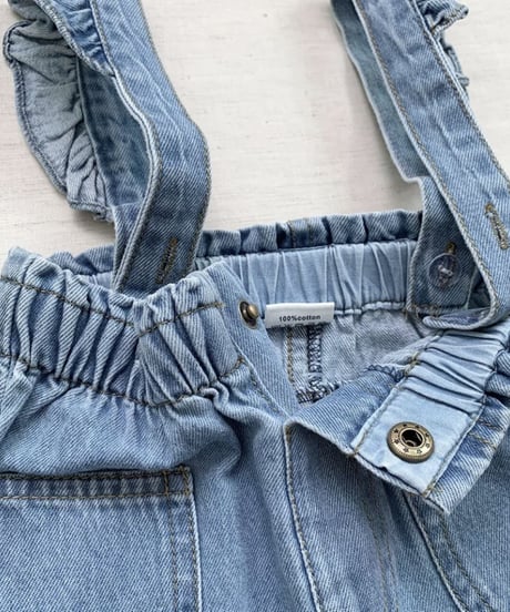 在庫限り70-110cm frill denim salopette