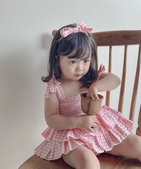 即納 gingham frill rompers