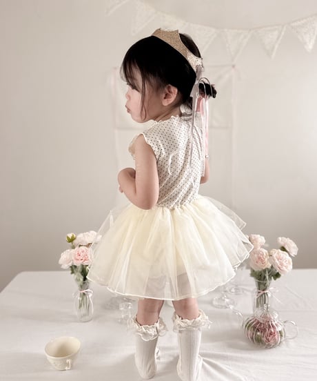 即納no sleeve dot tulle rompers