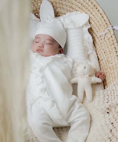 【新品】monbebe ロンパース ボンネットセットcream new born monbebe ロンパース waffle suit (bonnet set) 新生児 ベビー