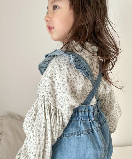 在庫限り70-110cm frill denim salopette