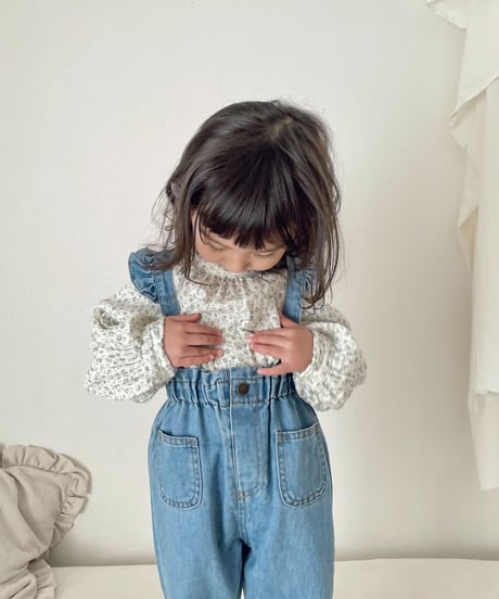 在庫限り70-110cm frill denim salopette