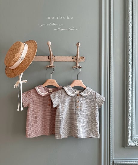 即納monbebe Check sailor blouse