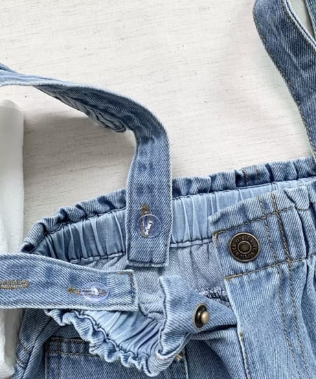 在庫限り70-110cm frill denim salopette