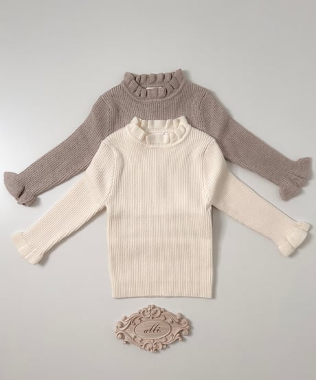 即納stand collar fril knit