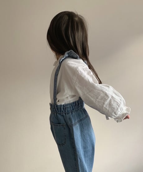在庫限り70-110cm frill denim salopette