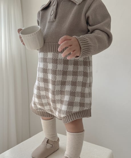 即納 plaid knit rompers