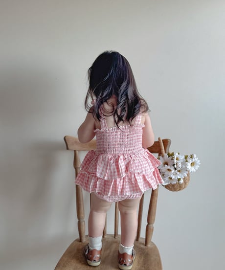 即納 gingham frill rompers
