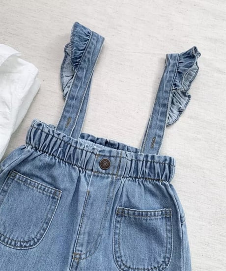 在庫限り70-110cm frill denim salopette
