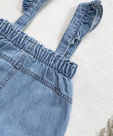 在庫限り70-110cm frill denim salopette