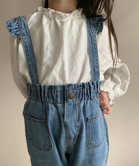 在庫限り70-110cm frill denim salopette