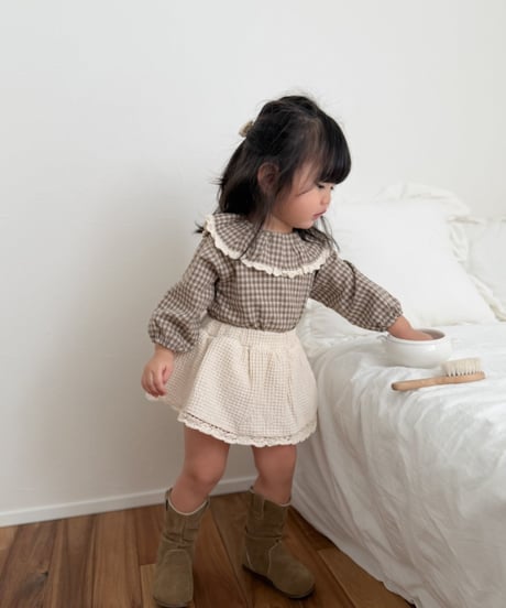 即納 mimi market check Frill blouse