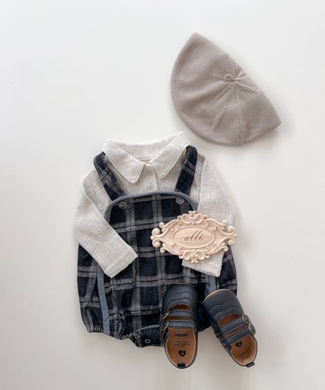 即納bebe holic Blue check suspender suit