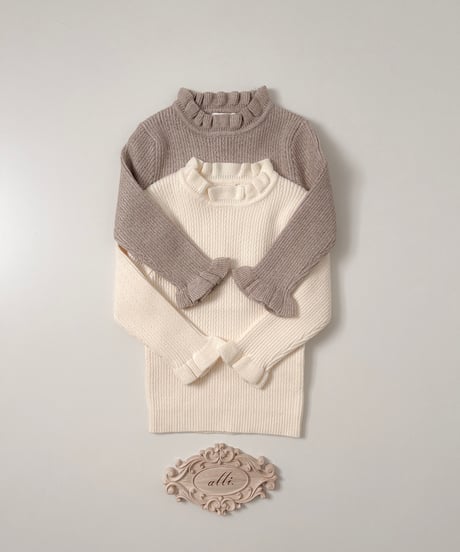 即納stand collar fril knit