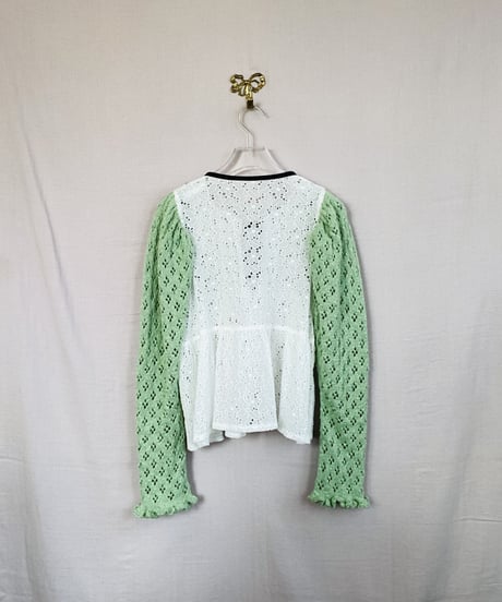 【Sway】<Slab Cotton pattern mesh S.green> Power Shoulder Puff Sleeve