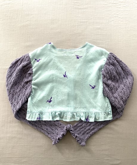 【Sway】<Slab Cotton pattern mesh Purple> Power Shoulder Puff Sleeve