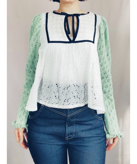 【Sway】<Slab Cotton pattern mesh S.green> Power Shoulder Puff Sleeve