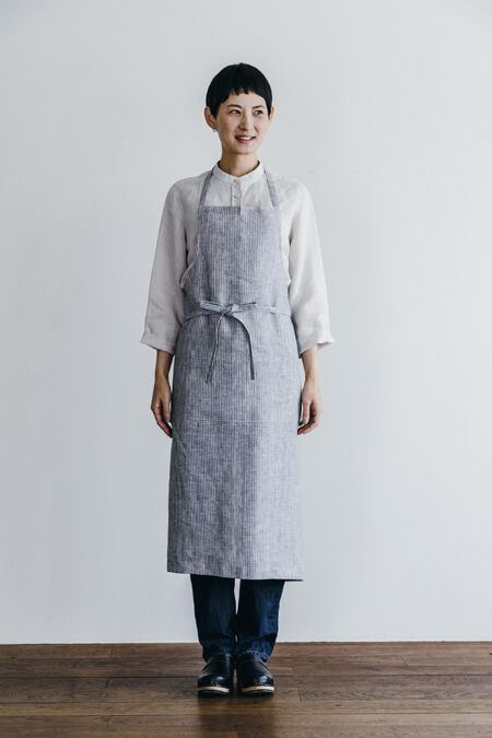 リネン フルエプロン・グレーホワイトストライプ（fog linen work