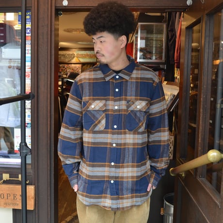 BRIXTON L/S FLANNEL SHIRTS(BROWERY) NAVY / BROWN