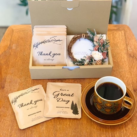 [Flower ＆ Coffee SET]ミニリース(ウォッシュドアンティーク)+メッセージドリップバック5個BOX入セット