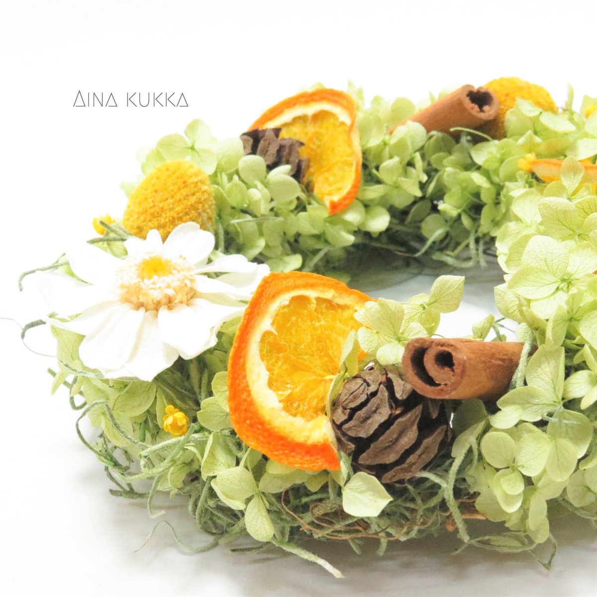 プリザーブドフラワー＆ドライフラワー♡秋空とジニアのリース フラワーリース］オレンジとジニアの紫陽花リース/プリザーブド