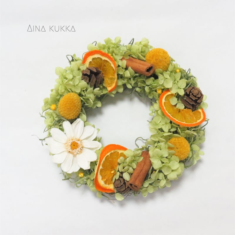 フラワーリース］オレンジとジニアの紫陽花リース/プリザーブド