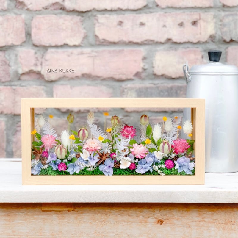 お供え花　プリザーブドフラワーのガラスフレームアレンジ ガラスフレームアレンジL]アーリーサマーガーデン/ドライ