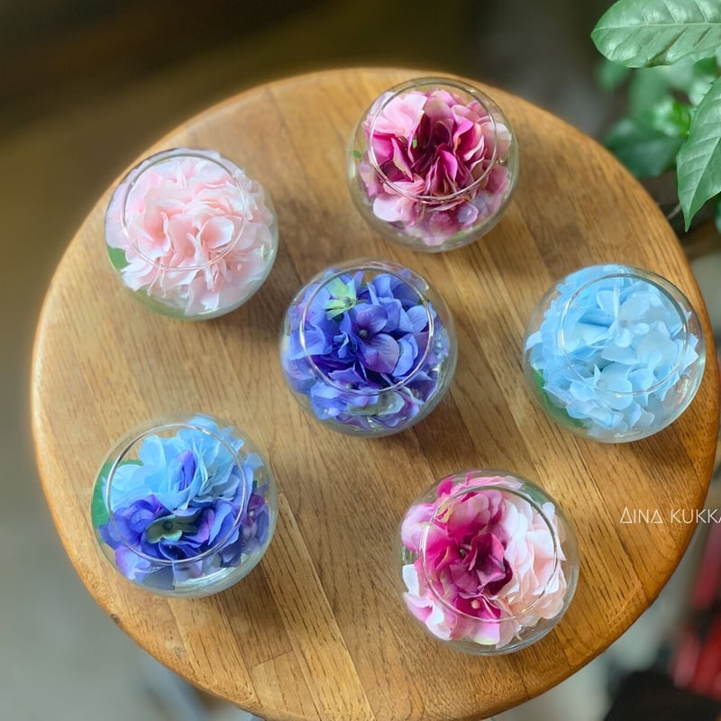紫陽花のガラスボールアレンジ]カラー6種/アーティフィシャルフラワー